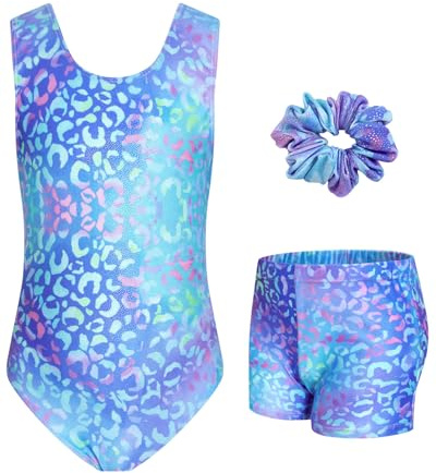 JiAmy Gymnastikanzug Mädchen, Turnanzug Kinder mit Hose Haarband Set, Glänzendes Gymnastik Turnanzug Leotard für 11-12 Jahre