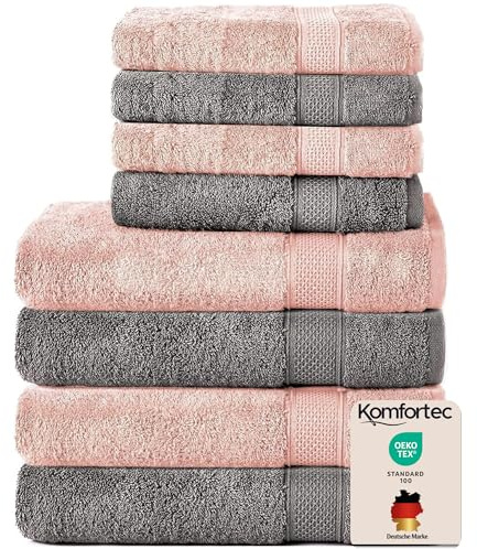 Komfortec 8er Handtücher Set, 4 Badetücher 70x140 cm & 4 Handtücher 50x100 cm, 100% Baumwolle Frottee, Flauschig und Saugstark,Anthrazit Grau/Blütenrosa