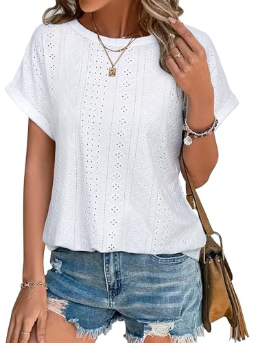 Bodhi talk Damen Bluse Kurzarm Sommer Lochstickerei Locker Pullover Einfarbig Mesh Rundhals Alltag T Shirt