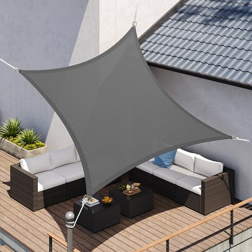 SONGMICS Sonnensegel 5 x 5 m, Sonnenschutz aus HDPE-Gewebe, luftdurchlässig, wasserdurchlässig, für Terrasse, Garten, Balkon, Camping, quadratisch, konkav, 2 m Seile, rauchgrau GSS55GY