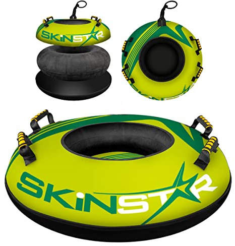 SkinStar Snow Tube 100 cm 130 kg Schneereifen Rutschreifen Schlitten grün | Ø 100 cm aufgeblasen, 130 kg, Griffe mit Neopren-Knöchelschutz, mit Ventilausdreher und Zugleine