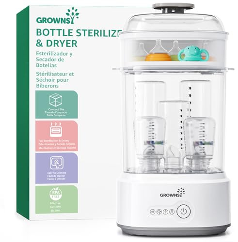 Grownsy Sterilisator für Babyflaschen mit Trocknerfunktion, 5-in-1 Dampfsterilisator Baby, Elektrischer Flaschensterilisator & Trockner, Schnell & Hygienisch, für Babyflaschen, Milchpumpen-Zubehör