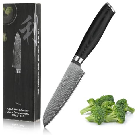 Wakoli Mikata kleines Santoku 12 cm aus 67 Lagen Damaststahl mit VG10 Kern | Micartagriff, beidseitiger 15° V-Schliff und 60 ± 2 HRC; für Gemüse, Obst, Kräuter und präzise Feinarbeiten, mit Geschenkbox