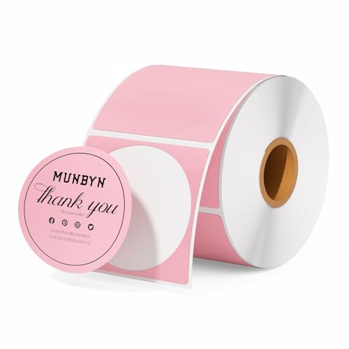 MUNBYN Runde Etiketten Selbstklebend 50x50mm Rolle-Versandetiketten 750 Kreis Thermodirekt Etiketten für DIY-Logo-Design QR-Code Namensschild Adressetiketten Haushaltsetiketten Rosa