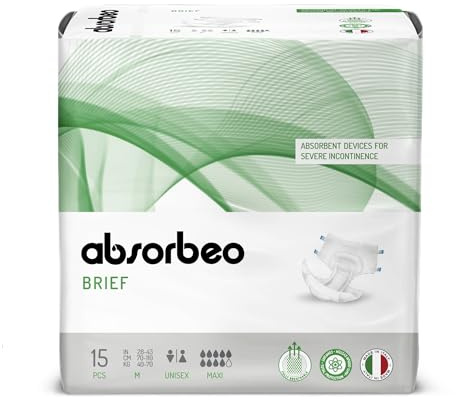 Absorbeo Windel Maxi 15 Stück, Saugfähiges Hilfsmittel für Schwere Blasenschwäche, Absoluter Komfort, Totaler Schutz, Anti-Odour-System, Vollständig Atmungsaktiv, Unisex, Größe M