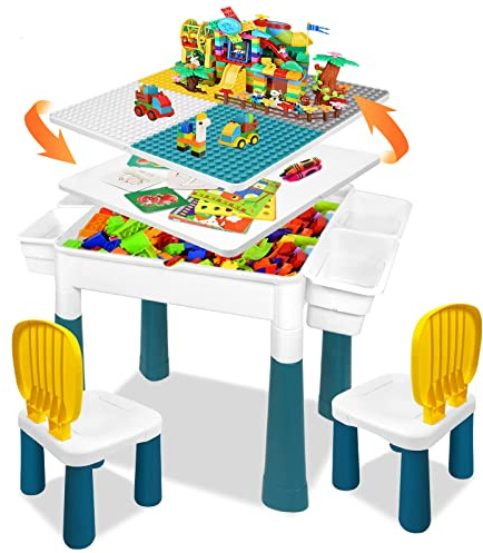 LZQ 6-in-1 Kinder Tisch Stuhl Set Spieltisch mit Stauraum Doppelseitige Höhenverstellbare Tischplatte