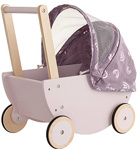 howa Puppenwagen Holz Rainbow Holzpuppenwagen mit faltbarem Verdeck 25502 | Spielzeugpuppenwagen mit Faltverdeck, inkl. Matratze & Decke, Stoff malve mit glänzenden Regenbögen, für Puppen bis 50cm