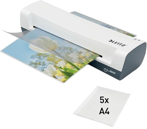 Leitz iLAM Home A4 Laminiergerät, 75-125 mic Folien, 3 Min Aufwärmzeit | Inkl. Starterkit mit 5 Laminierfolien, Optimal für den Einsatz Zuhause, Home Office & Schule, Weiß, 74310001