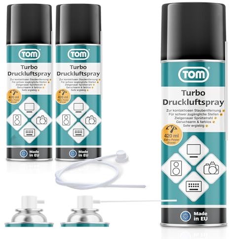 TOM Power Druckluftspray 3x420 ml – Air Duster Reinigungsset | Mit 10 cm & 50 cm Sprühverlängerung – Druckluft aus der Dose für Tastatur, Laptop, Computer & Elektronik
