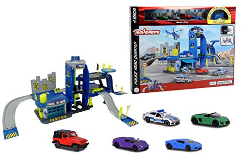 Majorette Creatix Polizeistation Spielset, 3 Etagen, Aufzug, Rampen, Rutschen, Landeplatz, Elemente leuchten im Dunkeln, inkl. 5 Spielzeugautos, erweiterbar, LxBxH 103 x 33 x 43,5 cm, ab 5 Jahren
