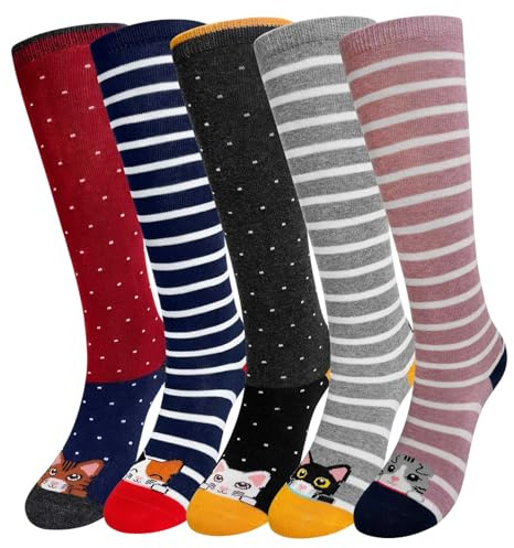 LOFIR Mädchen Kniestrümpfe Kinder Socken: Overknee Strümpfe Lang Gestreift Kindersocken Tier Baumwolle Socken Bunt Ringelsocken Lustige Ohne Naht Kniesocken Geschenk 2-12 Jahre 23-38 5 Paar