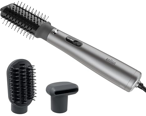 Braun Warmluftbürste AS4.3, Leichter Heißluft-Styler mit Rundbürste, Glättbürste und Trockenaufsatz, 1000W HTDC-Motor mit 3 Stylingstufen, Super-IONTEC-Technologie, Graues Satin-Finish, BRAS430E