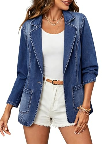 Damen-Jeansblazer mit Reverskragen, ein Knopf, lange Ärmel, taillierte | Vintage Used-Look, Knopfleiste, einfarbig, klassischer gewaschener Denim-Blazer mit Tasche, lässiger Jeans-Baumwollmantel für