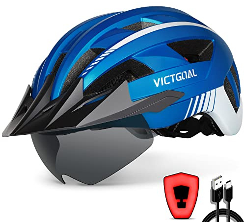 VICTGOAL Fahrradhelm Herren Damen mit Visier, USB Rücklicht, Magnetbrille