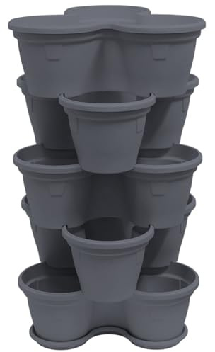 Engelland 5X Blumentopf, Säulentopf, Pflanzturm, Hochbeet, Pflanztopf-Kübel mit Untersetzer, stapelbar, widerstandsfähig, Kunststoff, für Außenbereich, 55 Liter, Farbe: Anthrazit