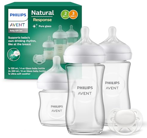 Philips AVENT Babyflaschen aus Glas, Geschenkset für Neugeborene – 3 Babyflaschen Natural Response, ultra soft Schnuller, für Babys von 0–6 Monaten und älter (Modell SCD878/11)