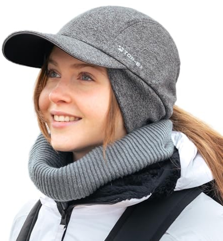 TOP-EX ChicPony™ M/L/XL Wasserdicht Basecap Damen Winter mit Ohrenschutz Pferdeschwanz Beanie Warm Kappe mit Fleecefutter Frauen Laufen Wintermütze Reflektierend Wandern Grau L/XL
