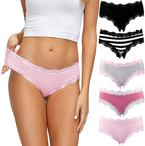COMSOFT Baumwolle Unterwäsche Damen Höschen Sanft Spitze Hipster Slip Mehrfarbig (Mehrfarbig Briefs I, XL)