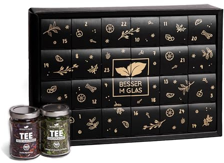 Besser im Glas Bio Tee Adventskalender 2025 | 24 Gourmet Teesorten nachhaltig verpackt | natürlich süß, vegan, ohne Zucker & ohne Kalorien | Tee Geschenk | Zitronentee, Früchtetee & Kräutertee lose