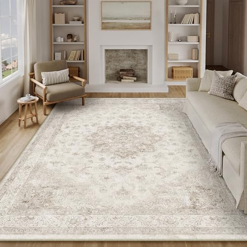 PureCozy Vintage Beige Teppich Wohnzimmer 200x300cm Waschbar | Waschbarer Teppich, Weich Rutschfest, Kurzflor Boho, für Wohnzimmer Schlafzimmer Esszimmer Büro, Großer Teppich