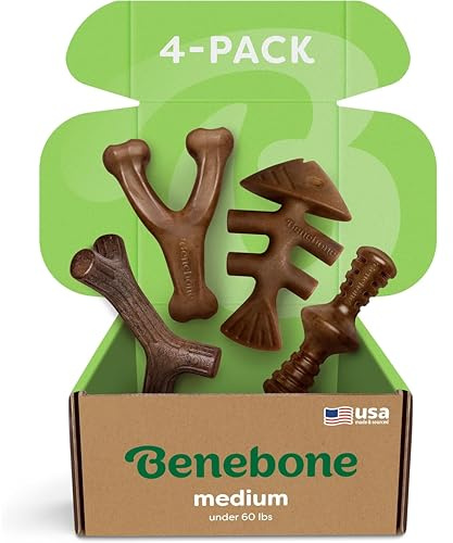 Benebone Durable Dog Chew Toy Box for Aggressive Chewers with Wishbone, Fishbone, Stick & Zaggler, Medium