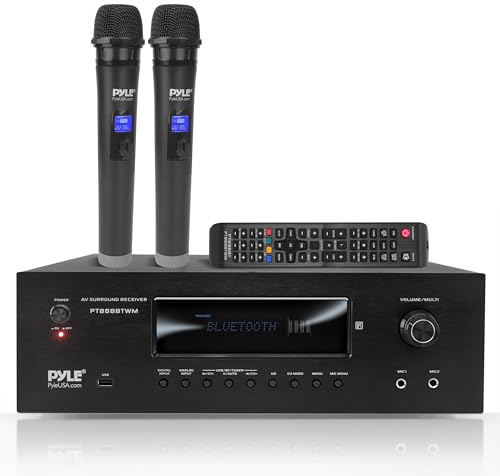 Pyle AV-Receiver- 5.2 Kanal HiFi Verstärker mit Bluetooth, HDMI ARC und 4K Pass-Through, 1000W mit 2 UHF-Funkmikrofonen, für Heimkino mit Surroundsound