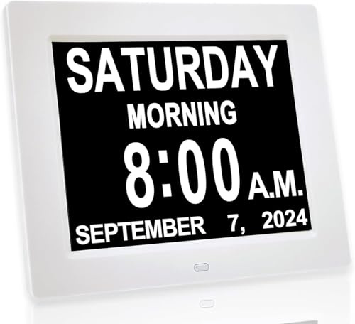 Hiseeyo 8 Zoll Wecker Digital mit Automatische Helligkeitsanpassung, Leiser LCD-Display-Wecker mit Luftfeuchtigkeit und Temperatur für Erwachsene und Kinder und Alzheimer-Krankheit (8zoll-Weiß)