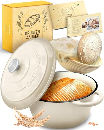 KRUSTENZAUBER Gusseisen Topf Brot backen emailliert inkl. Gärkorb - 26cm Emaille-Topf samt Zubehör - Ideal als Brotbacktopf, Brottopf, Brotbackform mit Deckel, Gusseisentopf Brotbacken, Schmortopf