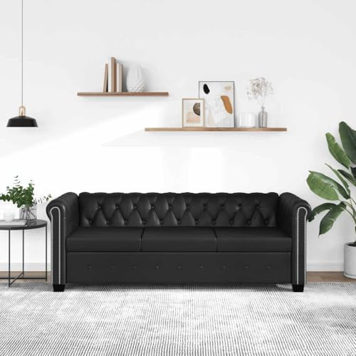 Massbinet Chesterfield Sofa 3 Sitzer Vintage Echtleder Couch Bürosofa Polstermöbel Kunstleder Schwarz