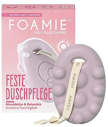 Foamie Festes Duschgel mit Kirschblüte & Reismilch, Reichhaltige Duschpflege Trockene Haut mit Massage-Effekt, Feste Dusche 100% Vegan, Plastikfrei, Silikonfrei, 80 g
