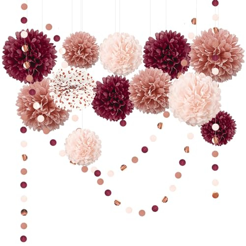 NICROLANDEE Hochzeit Dekoration 15 Stück Burgunderrote Seidenpapier Pompons | Girlande Party-Dekoration für Valentinstag, Brautparty, Geburtstagsfeier, Hochzeit, Bachelorette, Verlobung, Jubiläum