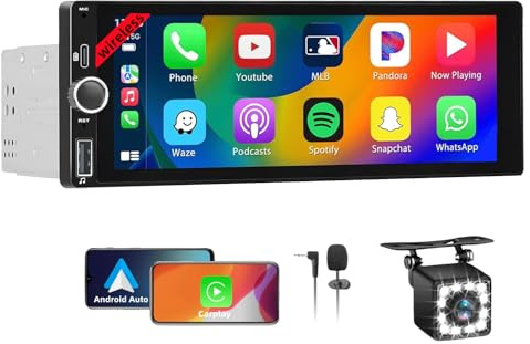 Wireless Autoradio CarPlay 1 DIN – 6,86 Zoll Touchscreen Stereo Auto Bluetooth mit Bildschirm, Radio 1 Din Car Play unterstützt Mirror Link mit Kamera, RDS FM Radio/Type-C de Recharge/Mic/SWC