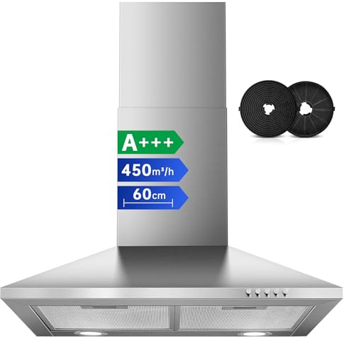 SNDOAS A+++ Dunstabzugshaube 60cm Umluft & Abluft, 450m³/h | Wandhaube mit 3 Leistungsstufen, Edelstahl Abzugshaube, inkl. Aktivkohlefilter Fettfilter, LED-Licht