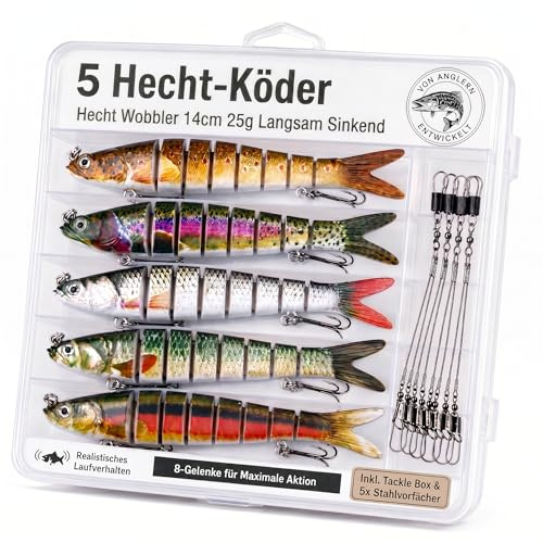 Njord Kalastus Hecht Köder Set Kunstköder 5 Stück in Box Angel-Köder zum Raubfisch-Angeln – Wobbler mehrteilig mit Gelenk für realistischen Lauf 14cm 25g langsam sinkend +5X Stahlvorfach