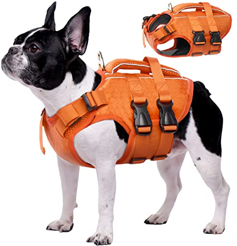 Kuoser Schwimmweste Hund, Hundeschwimmweste mit Rettungsgriff, Orange M | Ripstop Hunde Schwimmweste mit hohem Auftrieb, verstellbar für kleine mittelgroße & große Hunde, mit reflektierenden Streifen