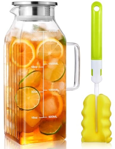 Aofmee 2 Liter Glas Karaffe Krug mit Deckel und Auslauf, 68 Unzen Glaskaraffe, Wasserkaraffe, Eistee Krug, Saft Krug, quadratischer Wasserkrug - Spülmaschinenfest