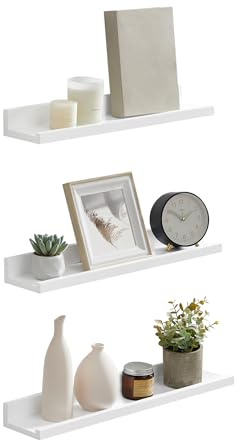 SONGMICS Wandregal, Schweberegal, 3er Set, 10 x 38 cm, Wandboard für Bilderrahmen und Bücher, Bilderregal für Wohnzimmer, Schlafzimmer, Bad, Küche, Weiß LWS38WT