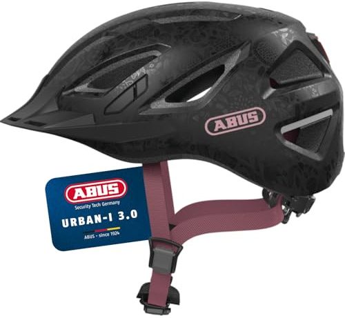 ABUS Stadthelm Urban-I 3.0 - Fahrradhelm mit Rücklicht, Schirm und Magnetverschluss - für Damen und Herren - Schwarz mit floralem Muster, M (52-58 cm)