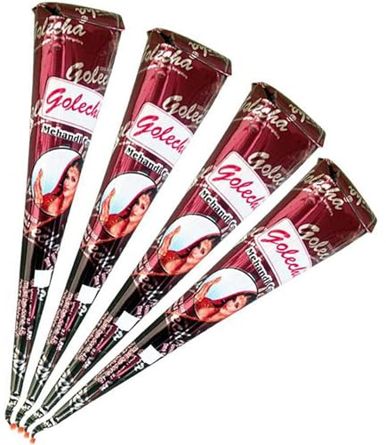 Golecha 100% natürliche Hennapaste in Kegeln, rötlich-braune Farbe, leicht anzuwenden, Packung mit 4 Kegeln (Verpackung kann variieren: je 30 g oder je 25 g)