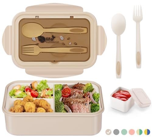 LUZOON Lunchbox Bento Box Brotdose Erwachsene 1400ml mit 3 FäChern für Kinder inkl. Besteck Jausenbox für Mikrowellen Und SpüLmaschinen, Schule Arbeit Picknick Reisen (Khaki+Sauce Box)