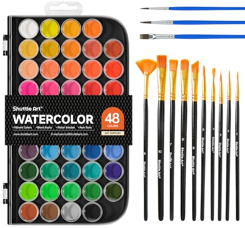 Shuttle Art 48 bunte Aquarellfarben Set, mit 13 Pinsel | Hochpigmentierte, Tragbar Wassermalkasten Set, Ideal für Kinder, Künstler, Hobbymaler, Schule, Kunstunterricht