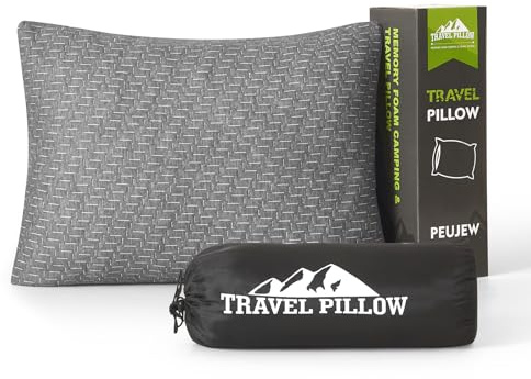 PEUJEW Reisekissen Memory Foam Kissen, Camping Kissen Kleines Kissen 40x30x12 cm, Reisekopfkissen mit Wasserdichter Packsack, Ideal für Flugzeug, Auto und Camping (S, Grau)