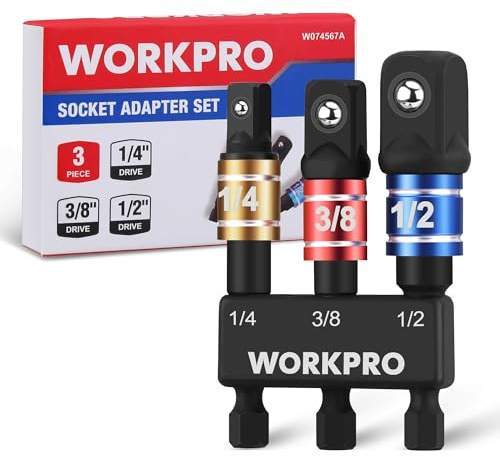 WORKPRO Stecknuss Adapter 3-tlg., 1/4 Bit, 1/4, 3/8, 1/2 | Mit Halter, passend für Bohrmaschinen und Schlagschrauber, schneller Wechsel zwischen 1/4, 3/8 und 1/2