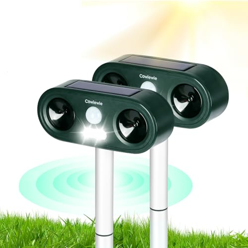 Cowiewie Ultraschall Katzenschreck 2er Set, Solarbetrieben IP44 Wasserdicht | 5 Frequenzmodi 13.5-45.5kHz, PIR Bewegungsmelder 120°, LED Blitzlicht, Tiervertreiber gegen Katzen Hunde Fuchs für Garten