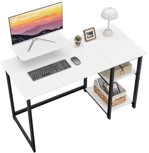 GreenForest Computer Home Office Schreibtisch mit reversiblen Speicherregalen 100cm Kleiner mit justierbaren Regalen für kleine Räume,Schlafzimmer,Student, moderner PC Laptop Tisch,weiß