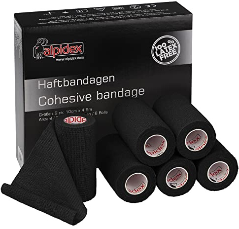 ALPIDEX 6 Rollen Haftbandage 10 cm x 4.5 m Verband Selbstklebend Elastisch Pet Bandagen Fixierband Sport Vet Wrap Tape Selbsthaftend Verbandsmaterial Pferde Hunde Menschen, Farbe:schwarz