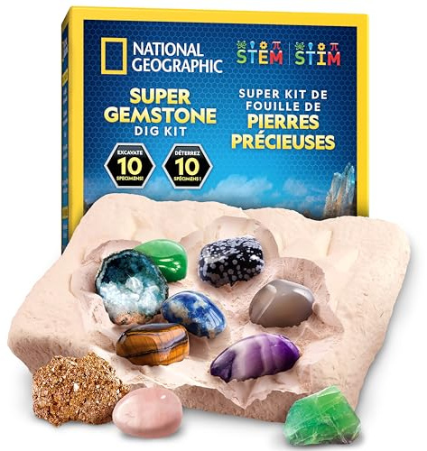 NATIONAL Geographic Super Edelstein Ausgrabungsset - 10 echte Edelsteine, Grabwerkzeuge & Vergrößerungsglas, Wissenschaftskits für Kinder 8-12, Kristalle