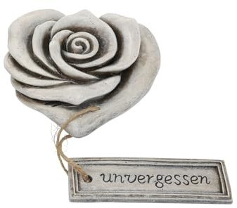 CULT at home Grabschmuck Rosen Herz „unvergessen“ Grab Deko | Grabdekoration Allerheiligen Steinherzen Grabstein Rosenherz Gedenkstein fürs Grab Friedhof – aus Kunstharz Grau ca 10x10 cm