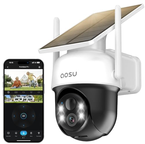 aosu 2K Überwachungskamera Aussen Solar Akku 3MP [360° PTZ Panorama, Integrierter Solarpanel] PIR-Bewegungserkennung Automatische Verfolgung Farb-Nachtsicht Ton- & Lichtalarm 2-Wege-Audio