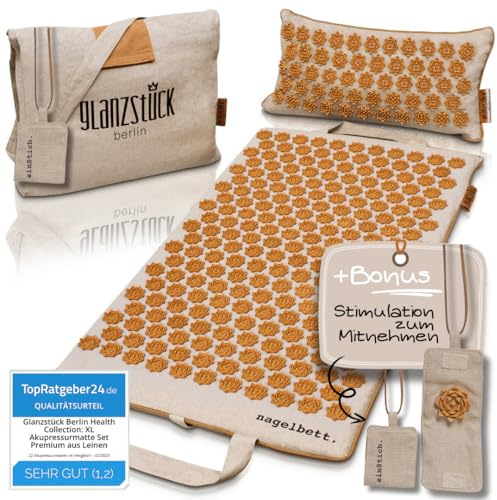 Glanzstück Berlin® Health Collection: XL Akupressurmatte Set ORIGINAL aus Leinen, Hilfe bei Verspannungen, Rückenschmerzen, Massagematte mit Kissen (Wärmefunktion) & Tasche, nachhaltig